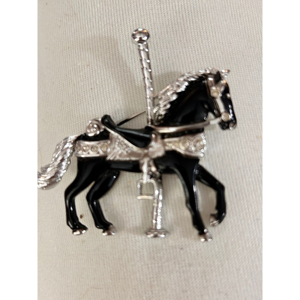 Vintage Black Enamel Carousel Horse Brooch Silver Tone‎ Rhinestone Carnival Pin